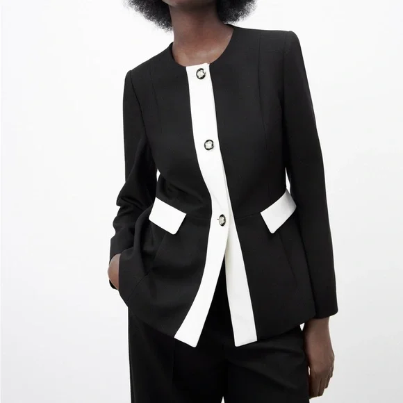 Zara black white mixed fitted blazer jacket NWT